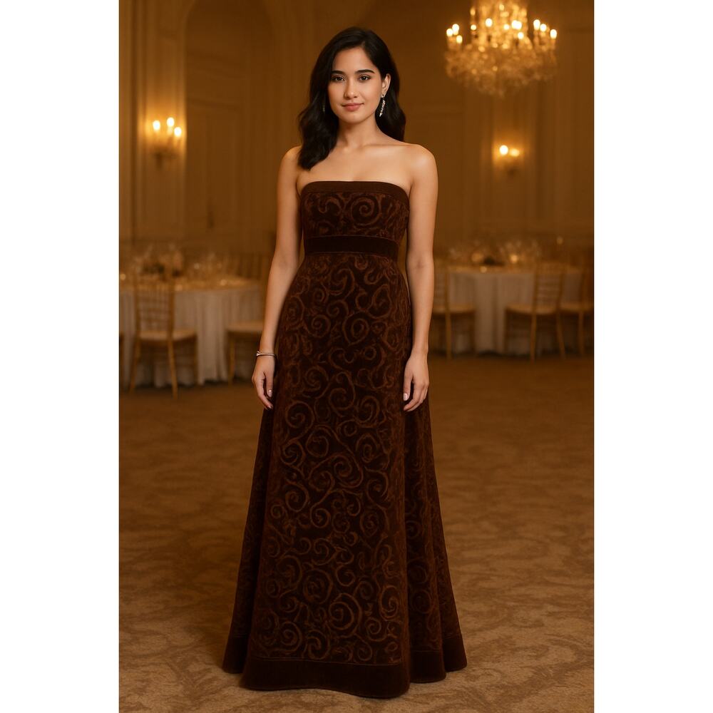 Tadashi Brown Velvet Gown Maxi Strapless Swirl Dress Floor Length Formal NWT 2